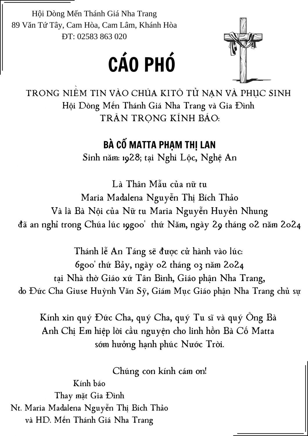 Cáo phó Bà Cố Matta