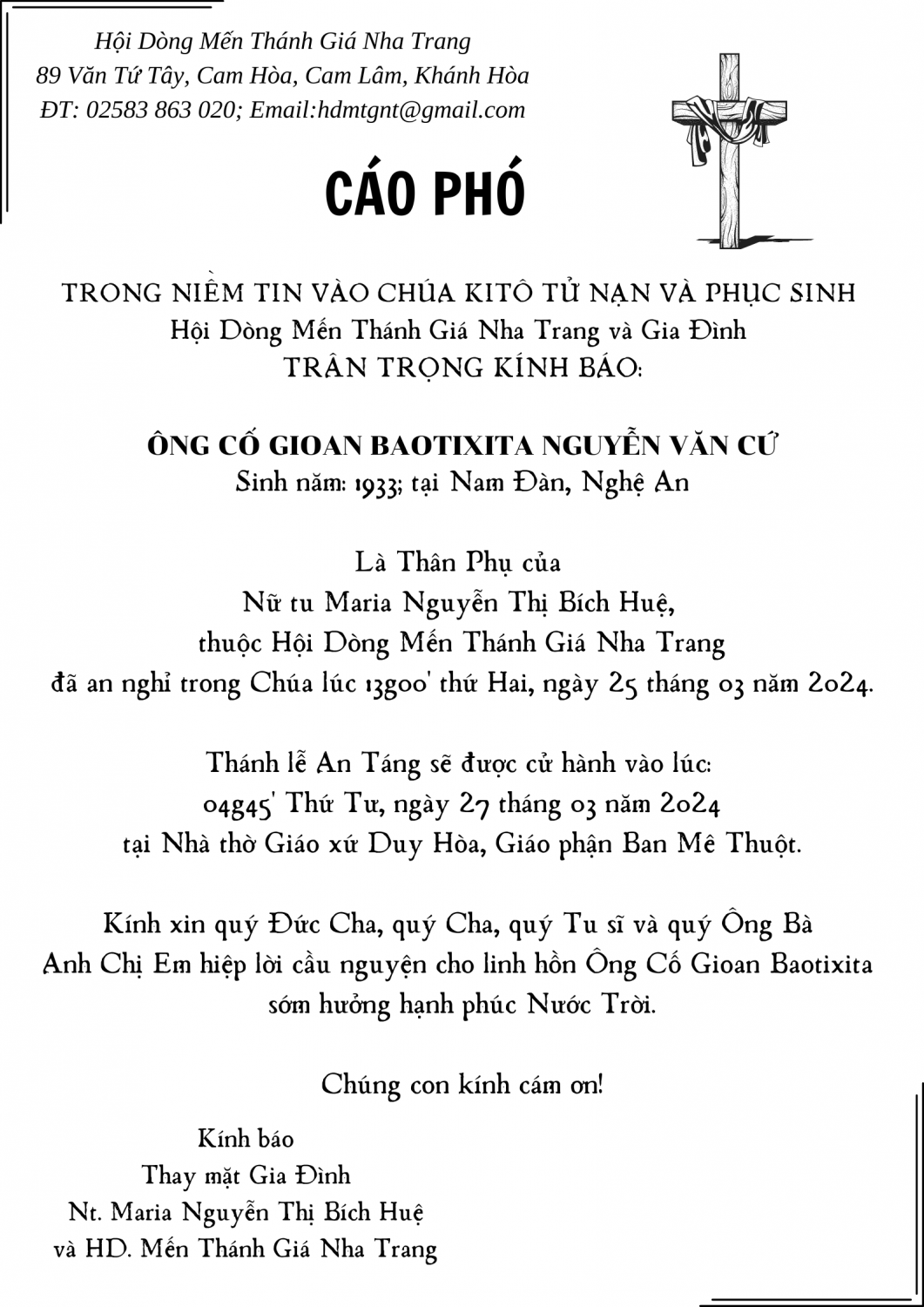 Cáo phó Ông Cố Gioan Baotixita