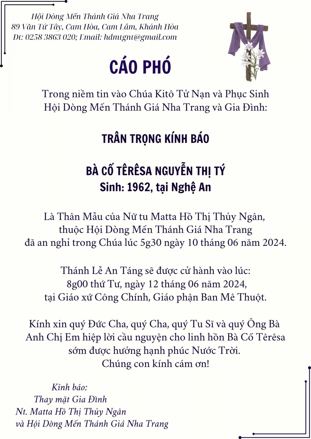 BÀ CỐ TERESA NGUYỄN THỊ TÝ QUA ĐỜI