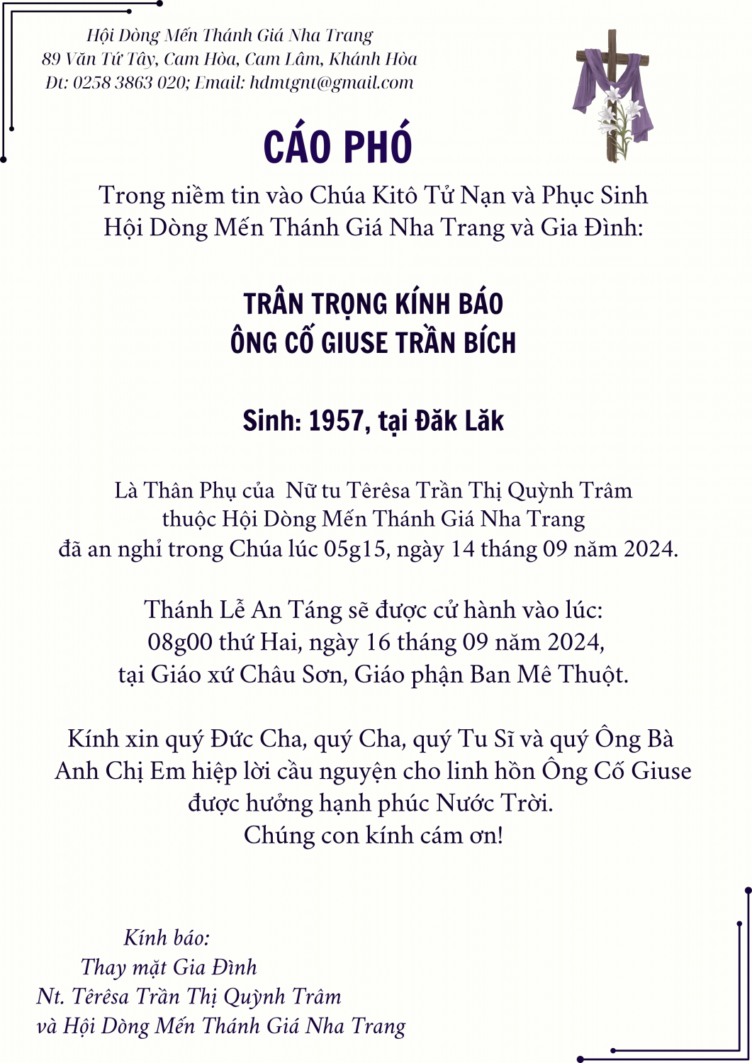 Ba của Sr Ter Trần Thị Quỳnh Trâm