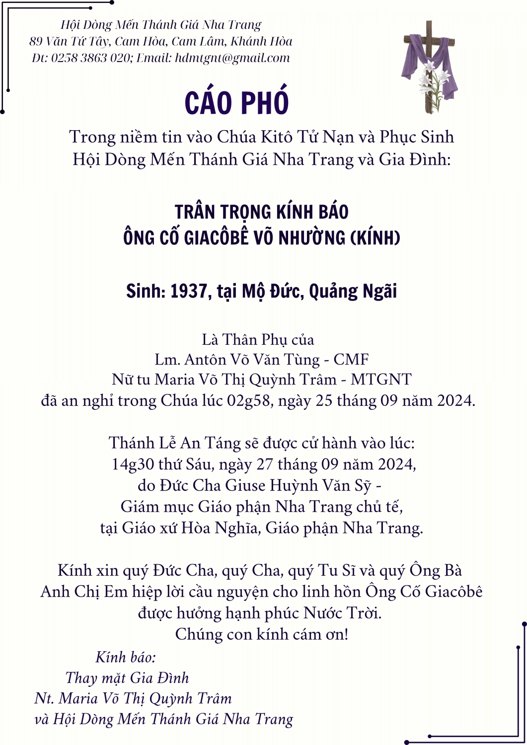 Cáo phó Ông Cố Giacobe Ba Quỳnh Trâm