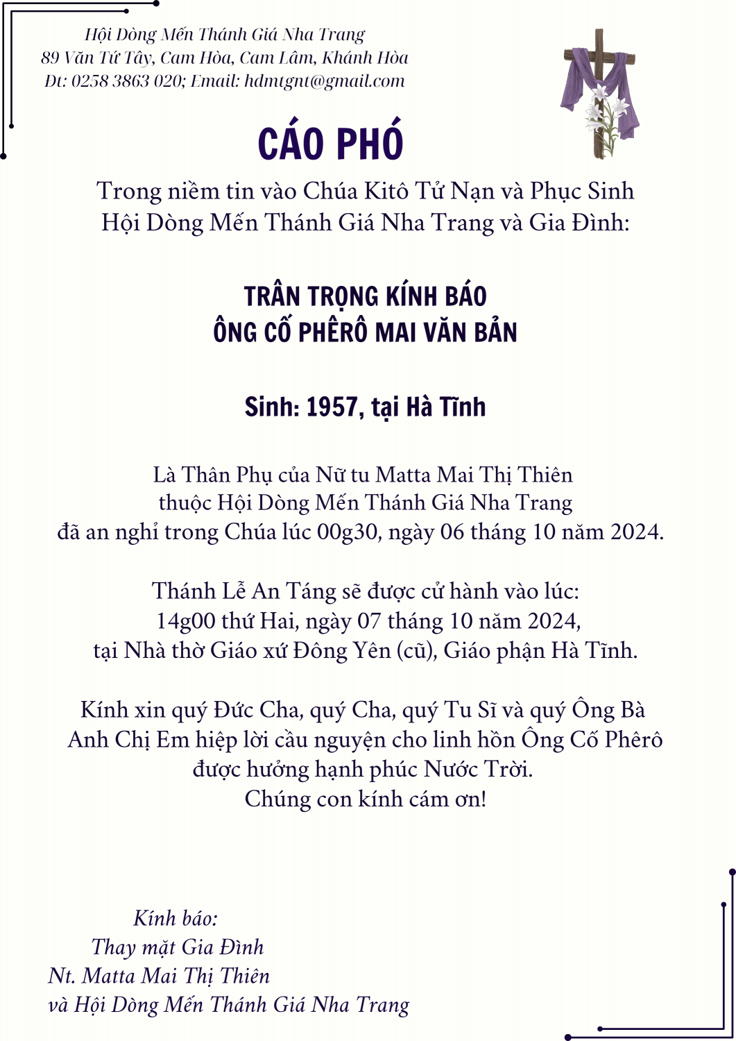 Cáo phó Ba Mai Thiên