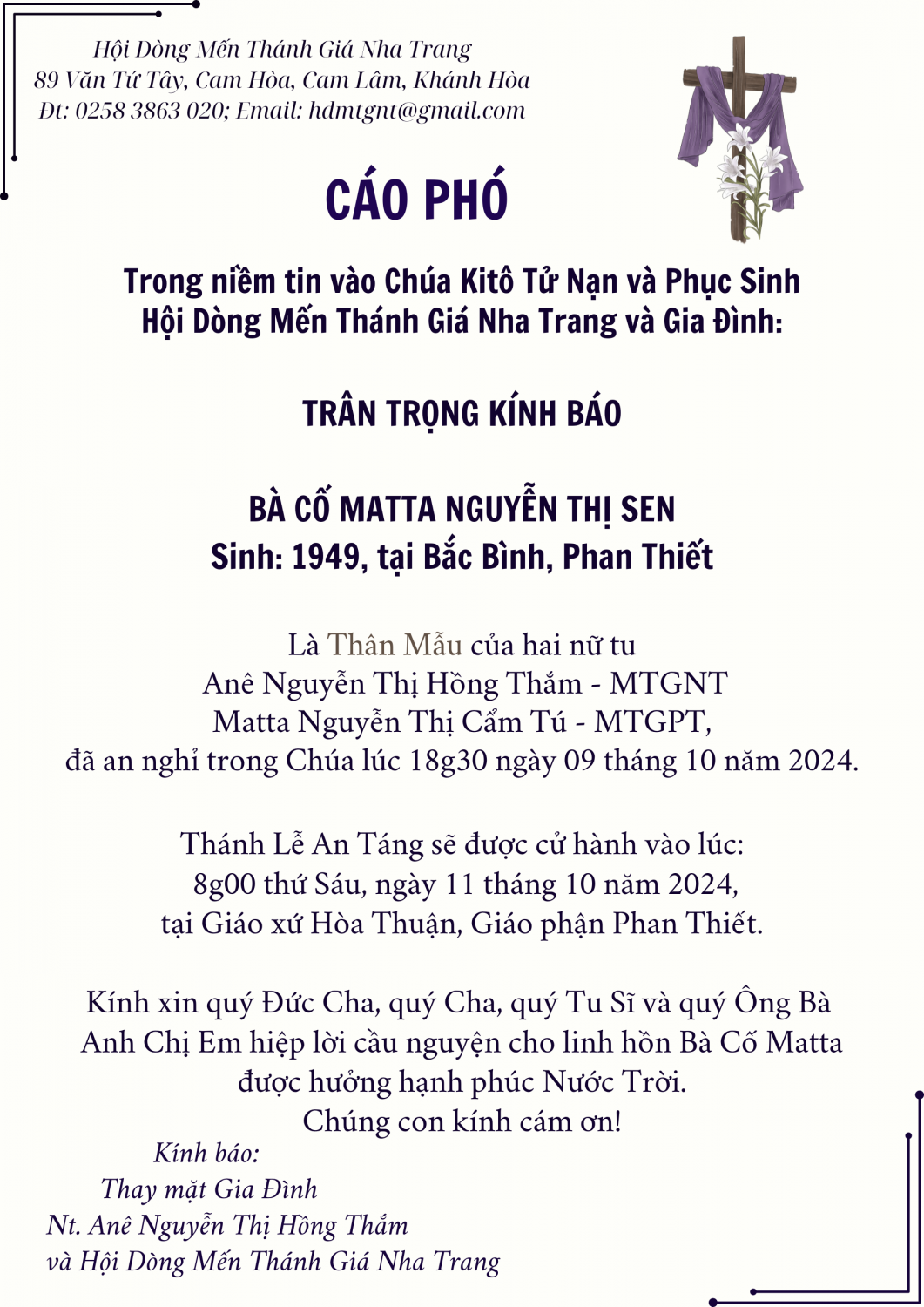 Cáo phó Mẹ Chị Thắm