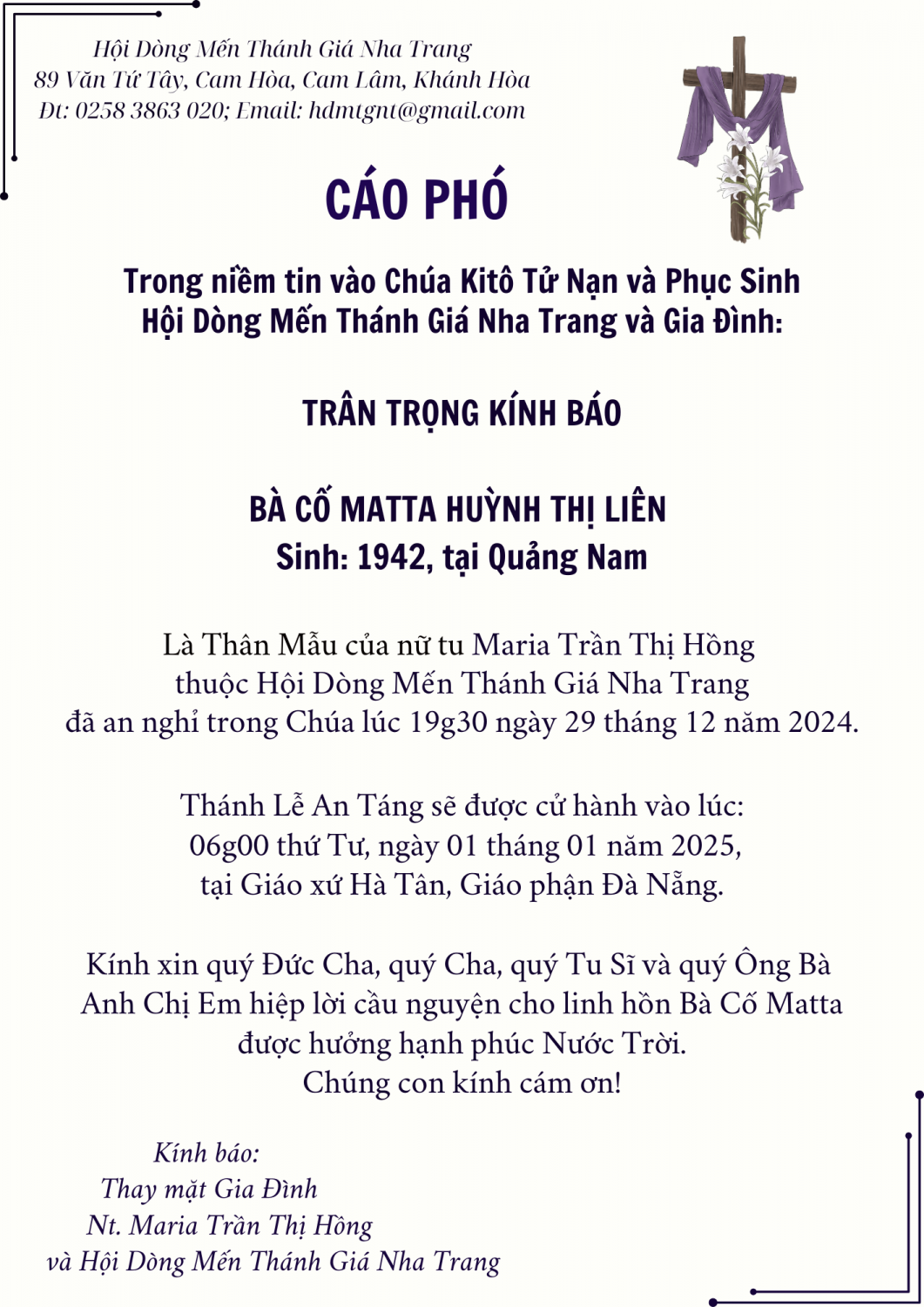 Cáo phó Mẹ Trần Hồng