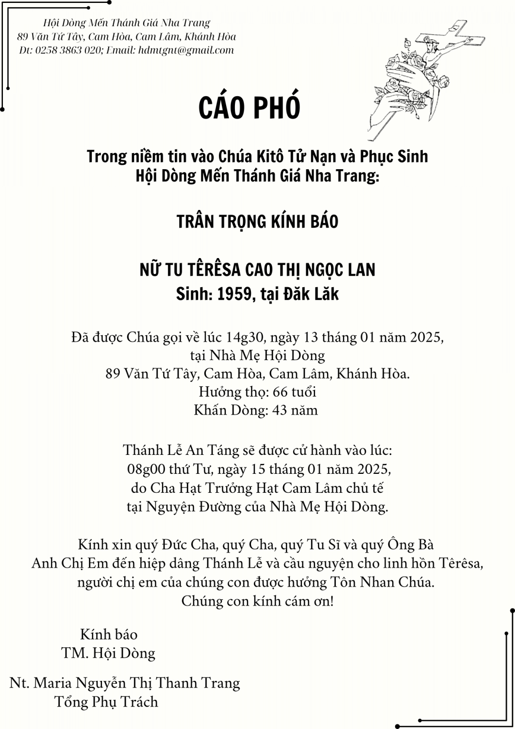Cáo phó Ter Cao Lan