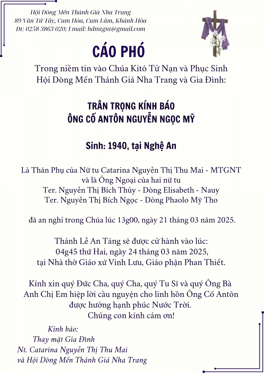 Cáo phó Ba Chị Thu Mai